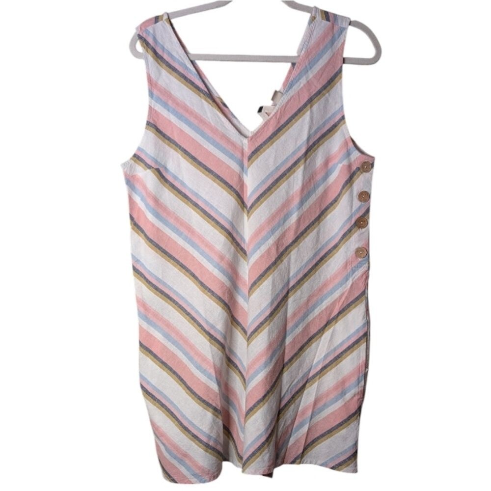 Roxy No Ending End Romper Sleeveless V-Neck Linen Blend Pastel Chevron Stripe XL